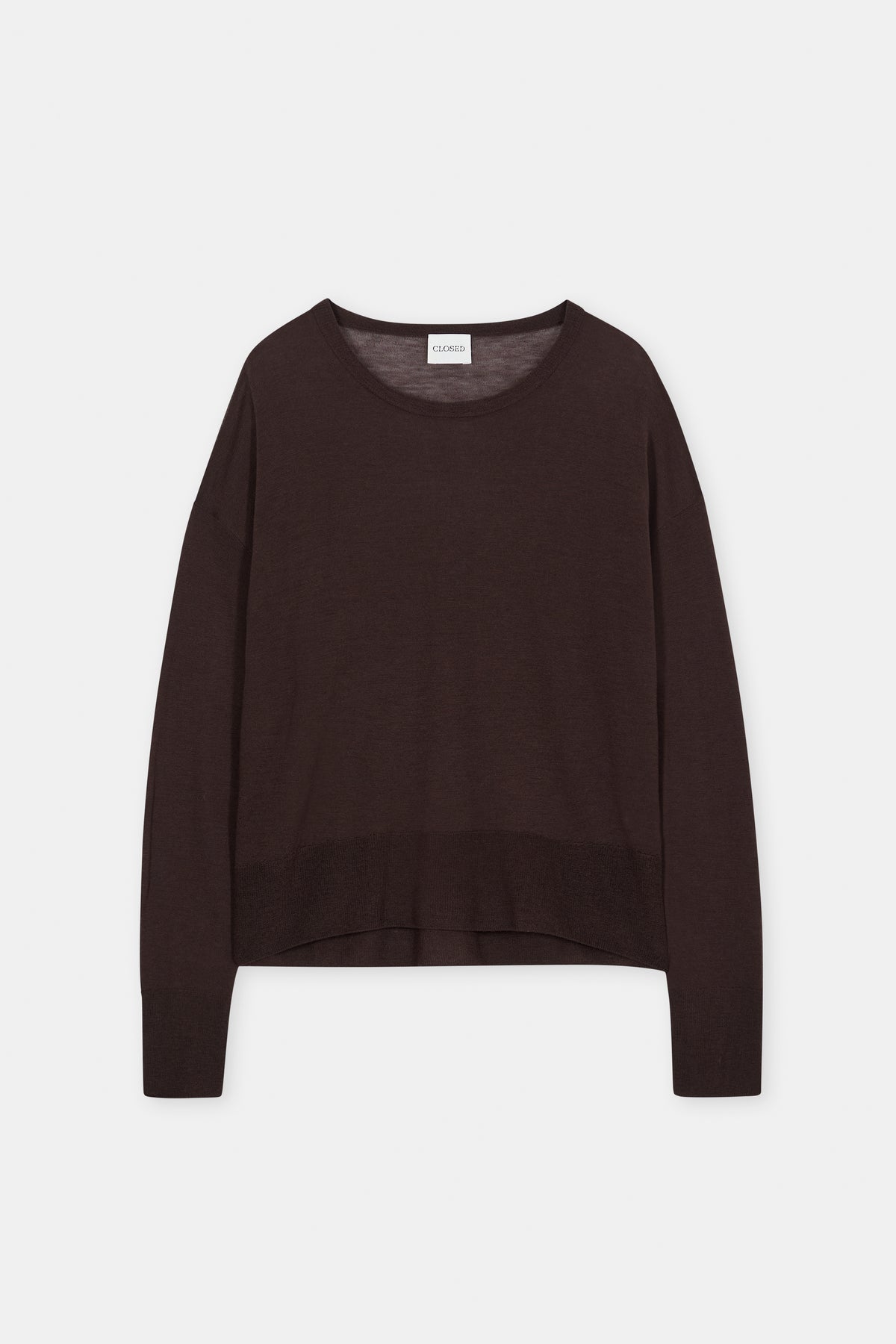 Dark brown relaxed fit wool sweater with long sleeves by CLOSED, shown laid flat.