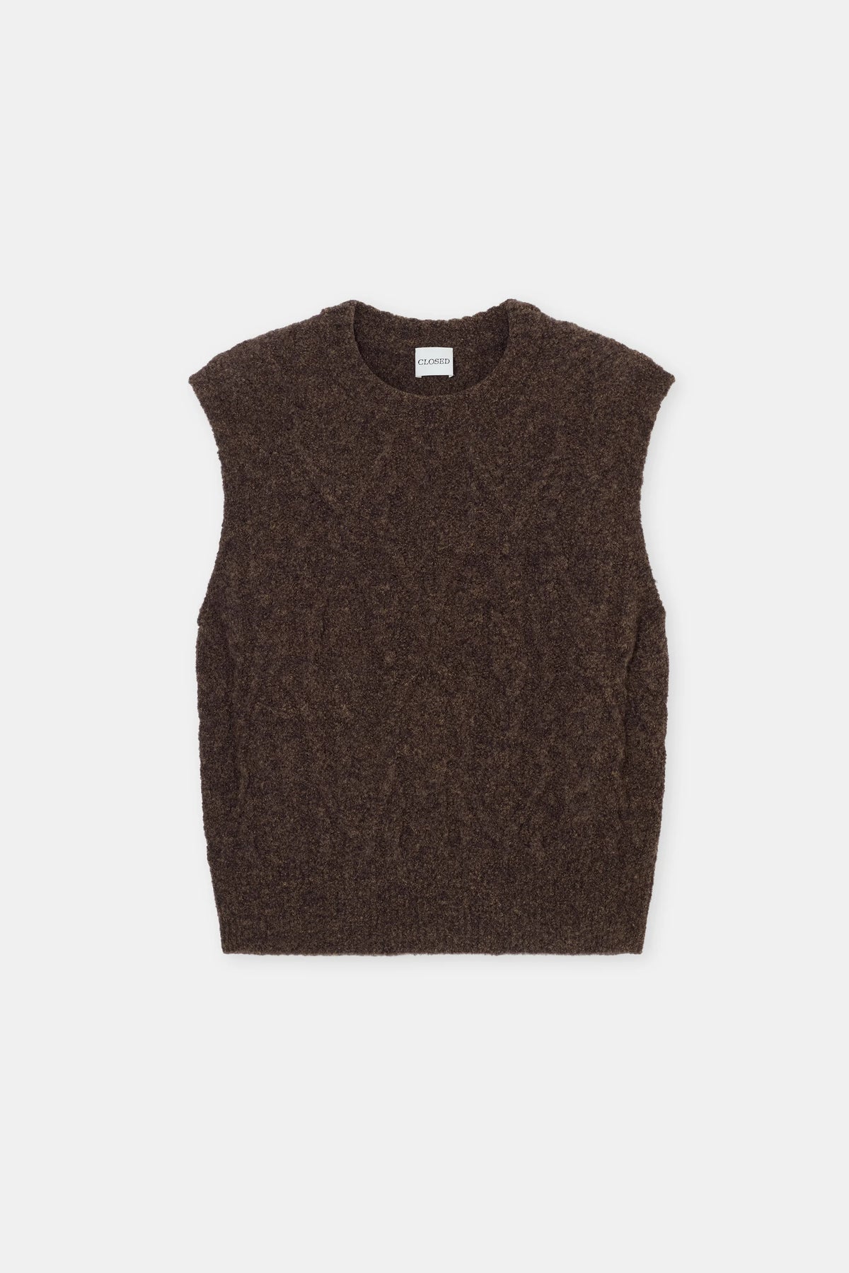Dark brown sleeveless cable knit vest with crew neck, CLOSED brand, laid flat on a white backdrop.