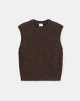 Dark brown sleeveless cable knit vest with crew neck, CLOSED brand, laid flat on a white backdrop.