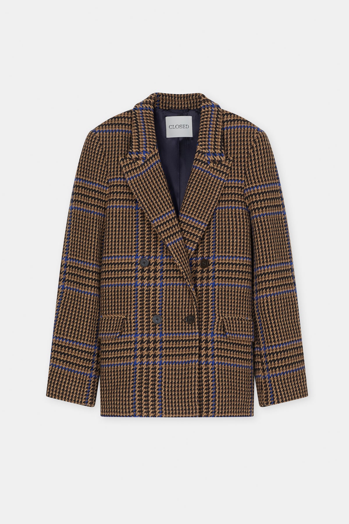 Brown-blue double-breasted blazer with notched lapels and pockets by CLOSED, Italian fabric, dark lining.