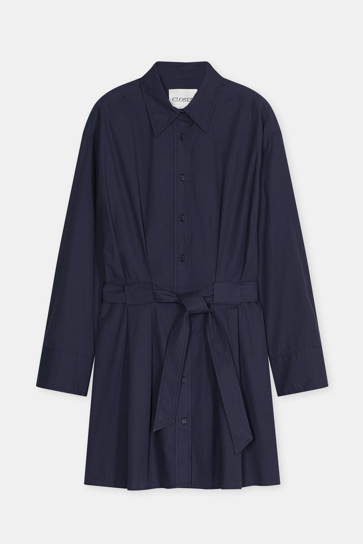 Navy poplin mini shirt dress with collar, buttons, and waist tie by CLOSED.
