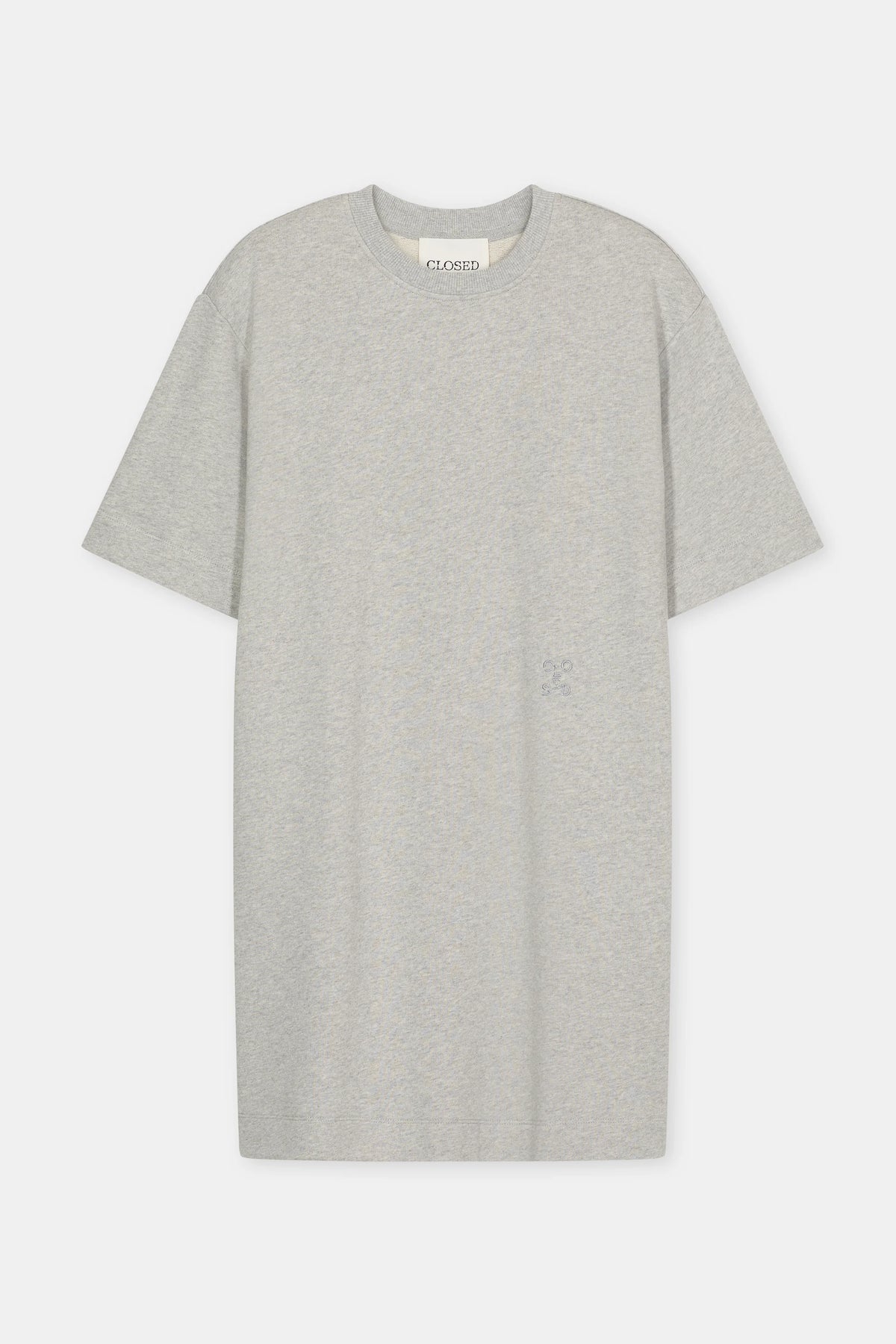 The Felpa Dress by CLOSED is a plain light gray short-sleeve dress with a round neckline, crafted in Portugal from 100% cotton. It features a simple, classic design without patterns or graphics and is shown on a white background.
