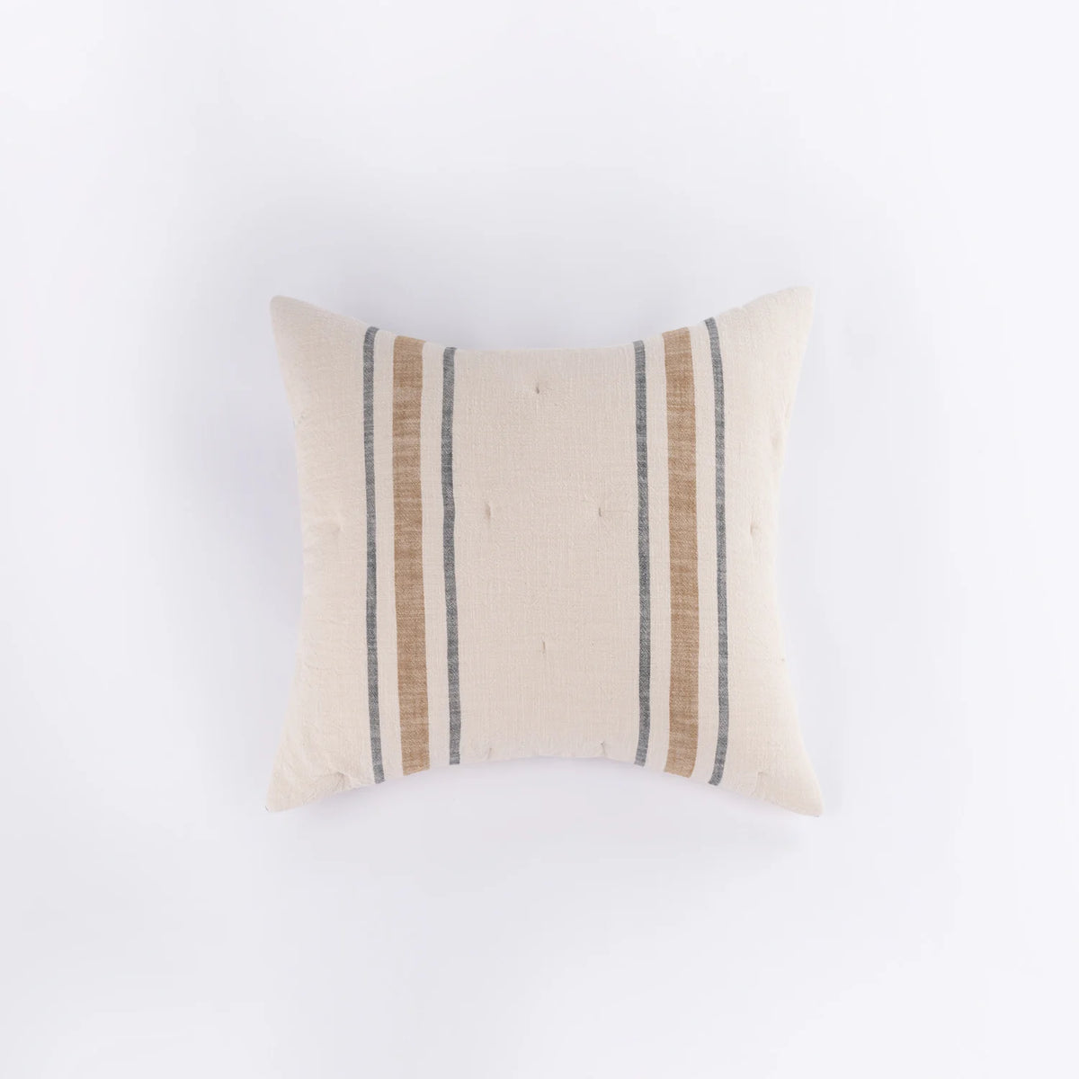 The Collins Euro Sham by Amity Home features bold beige and gray stripes with tufted dots on cream cotton velvet, shown against a plain white background.