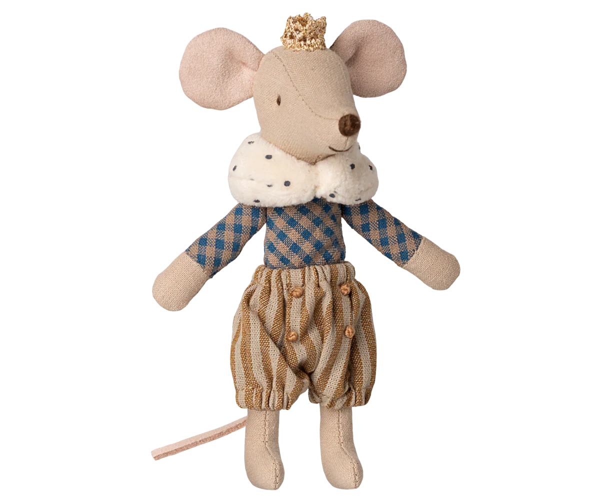 The Maileg Royal Mouse by Maileg stands upright in a gold crown, blue and beige checkered shirt, fluffy white collar with black dots, and striped pants with buttons, set against a white background.