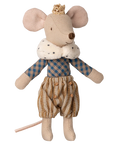 The Maileg Royal Mouse by Maileg stands upright in a gold crown, blue and beige checkered shirt, fluffy white collar with black dots, and striped pants with buttons, set against a white background.