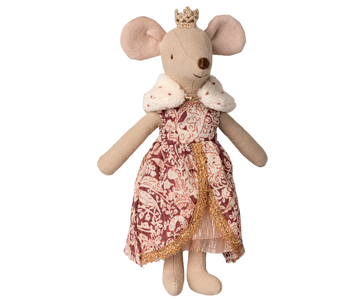 The Maileg Royal Mouse by Maileg stands upright, smiling in a gold crown, royal cape with white trim and red dots, and a maroon and gold dress—perfect for fans of charming mouse figurines.