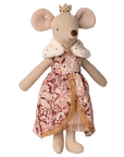 The Maileg Royal Mouse by Maileg stands upright, smiling in a gold crown, royal cape with white trim and red dots, and a maroon and gold dress—perfect for fans of charming mouse figurines.