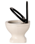 Maileg off white mouse WC with black seat and raised lid, side view; Maileg kids toy furniture.