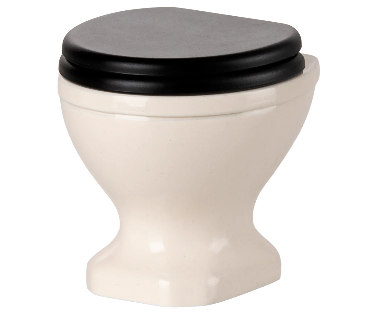 Small off-white ceramic mouse toilet with black lid by Maileg, perfect for a dollhouse bathroom or miniatures display.
