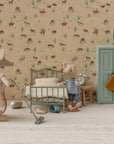 Maileg Vintage Single Bed in a charming dollhouse scene styled with vintage furniture and playful toy mice.