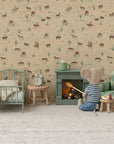 Vintage-style single bed with cozy bedding by Maileg, perfect for dollhouse playrooms and stuffed animals.