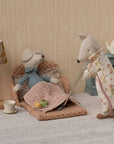 Two Maileg mice with bedding and accessories in a decorative cigar box, Grandma & Grandpa set, by Maileg.