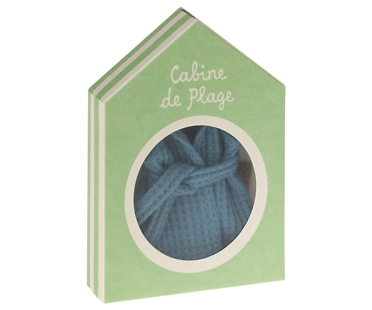 Maileg blue bathrobe in cozy fabric for Mum & Dad Mouse, shown with green house-shaped box and window packaging.