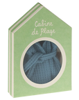 Maileg blue bathrobe in cozy fabric for Mum & Dad Mouse, shown with green house-shaped box and window packaging.