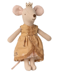 The Maileg Royal Mouse by Maileg stands upright, dressed as a queen in a gold crown and lace-trimmed gold dress, resembling an elegant mouse figurine against a white background.