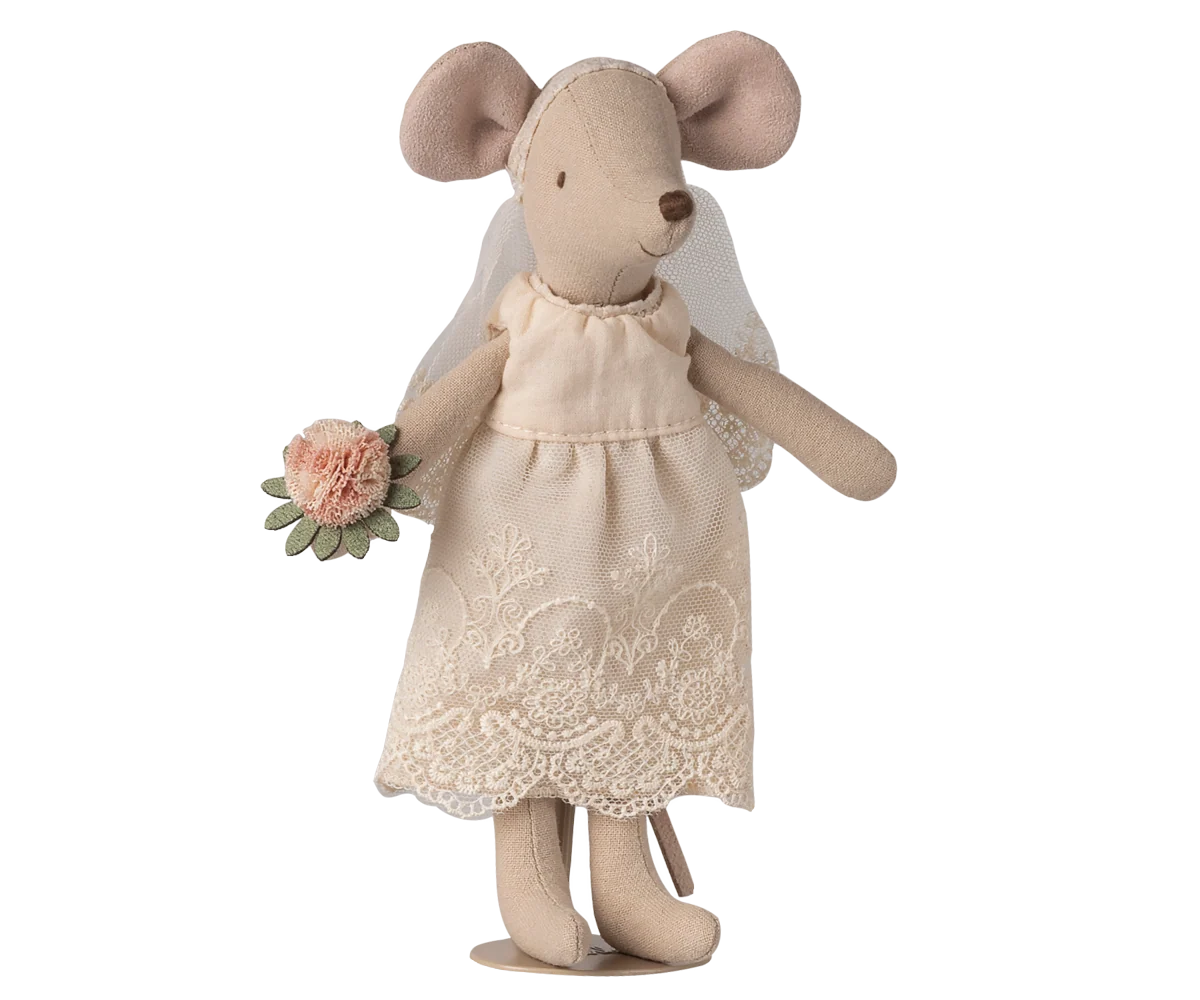 Maileg Wedding Mice in a gift box, bride wears lace dress and veil, from Maileg at Bungalow Furniture & Accessories.