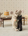 Maileg Wedding Mice in a box dressed as bride and groom, celebrating by a cake on the table, Bungalow Furniture & Accessories.