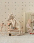 Maileg Beautician Mouse mum toy with flowers and pastries, dressed in soft fabric clothes, perfect for children’s playroom.