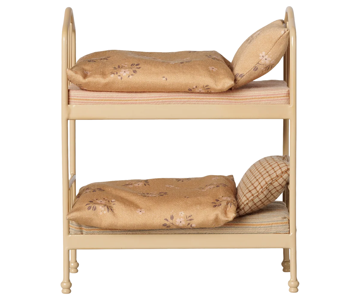 Maileg Mouse Bunk Bed in wheat metal, featuring floral bedding and pillows for a mice sleepover.