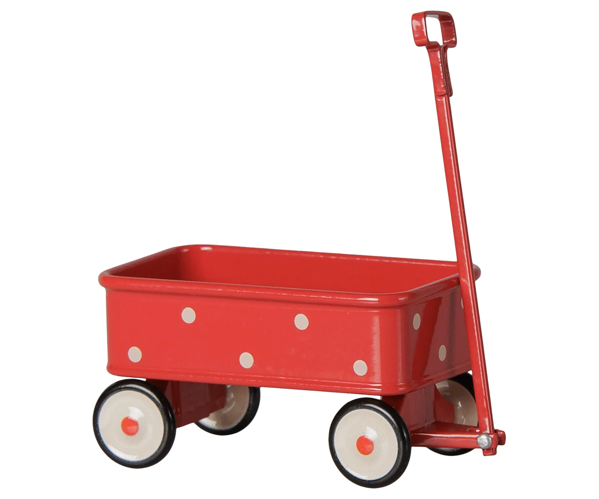 Maileg metal wagon in red with white polka dots and four wheels for mice.