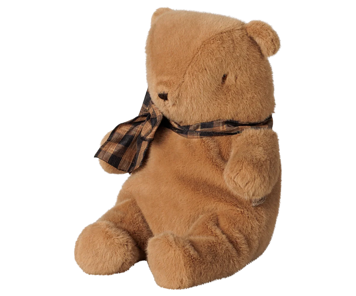 Maileg Teddy Bear plush in tan, wearing a dark brown and tan plaid scarf. Small, cuddly toy.