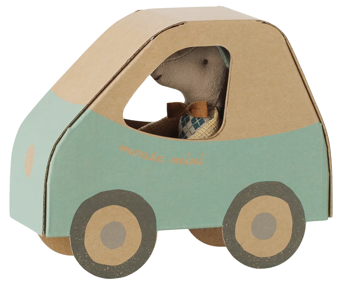Maileg Little Brother mouse in a bowtie sitting in a light blue and cardboard toy car.