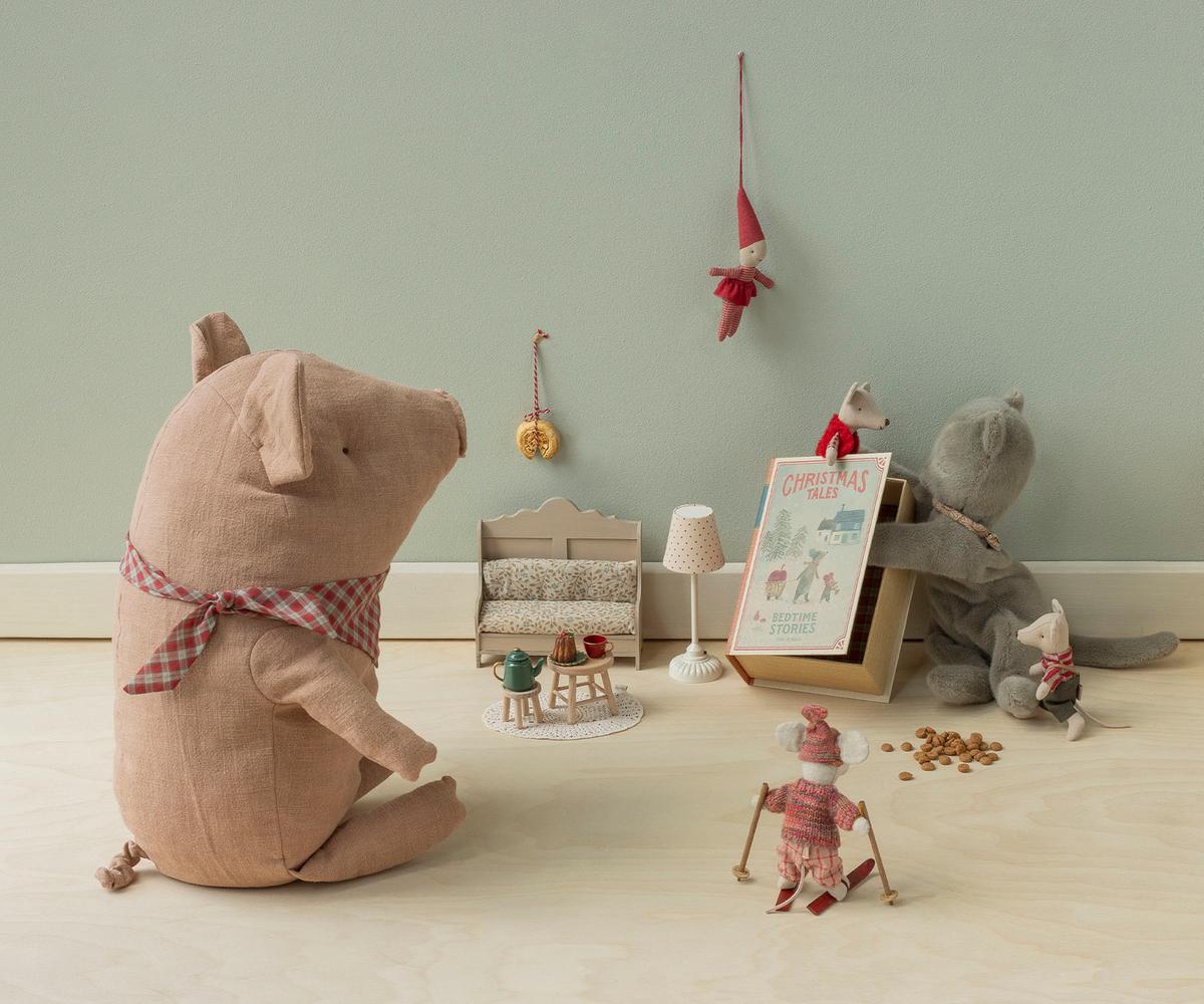 Maileg Christmas twin mice and plush pig with holiday gift set, miniature furniture, and storybook from Bungalow.