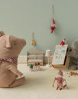 Maileg Christmas twin mice and plush pig with holiday gift set, miniature furniture, and storybook from Bungalow.