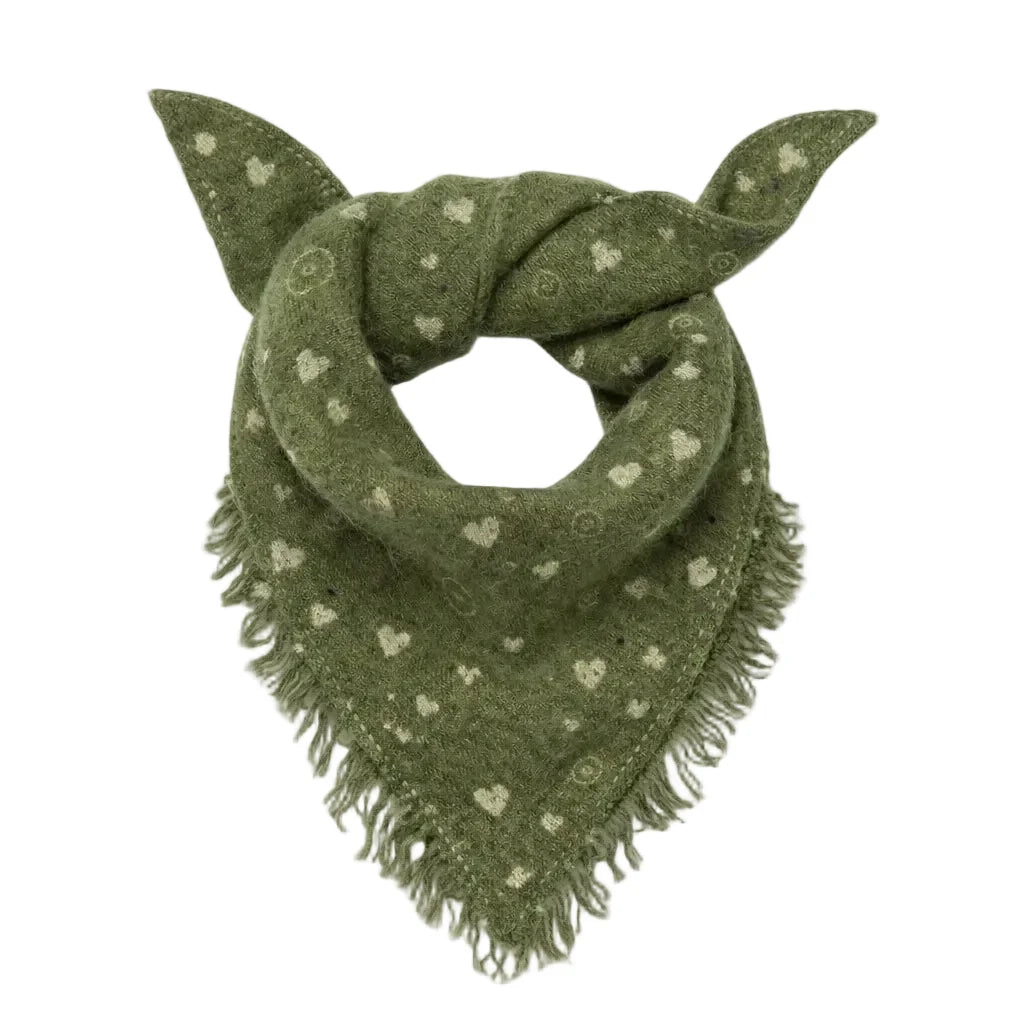 Dark sage cashmere bandana featuring a white heart pattern and fringed edges by KR.