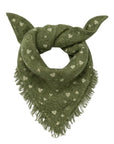 Dark sage cashmere bandana featuring a white heart pattern and fringed edges by KR.