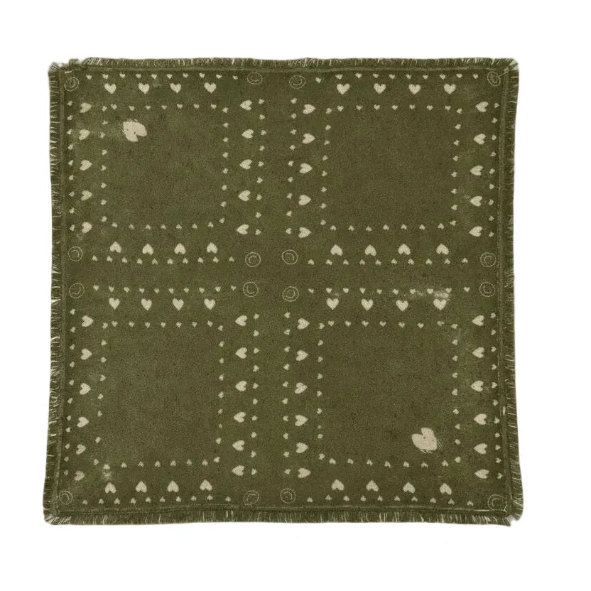 Olive green KR Cashmere Bandana in featherweight cashmere with cream hearts and frayed edges.