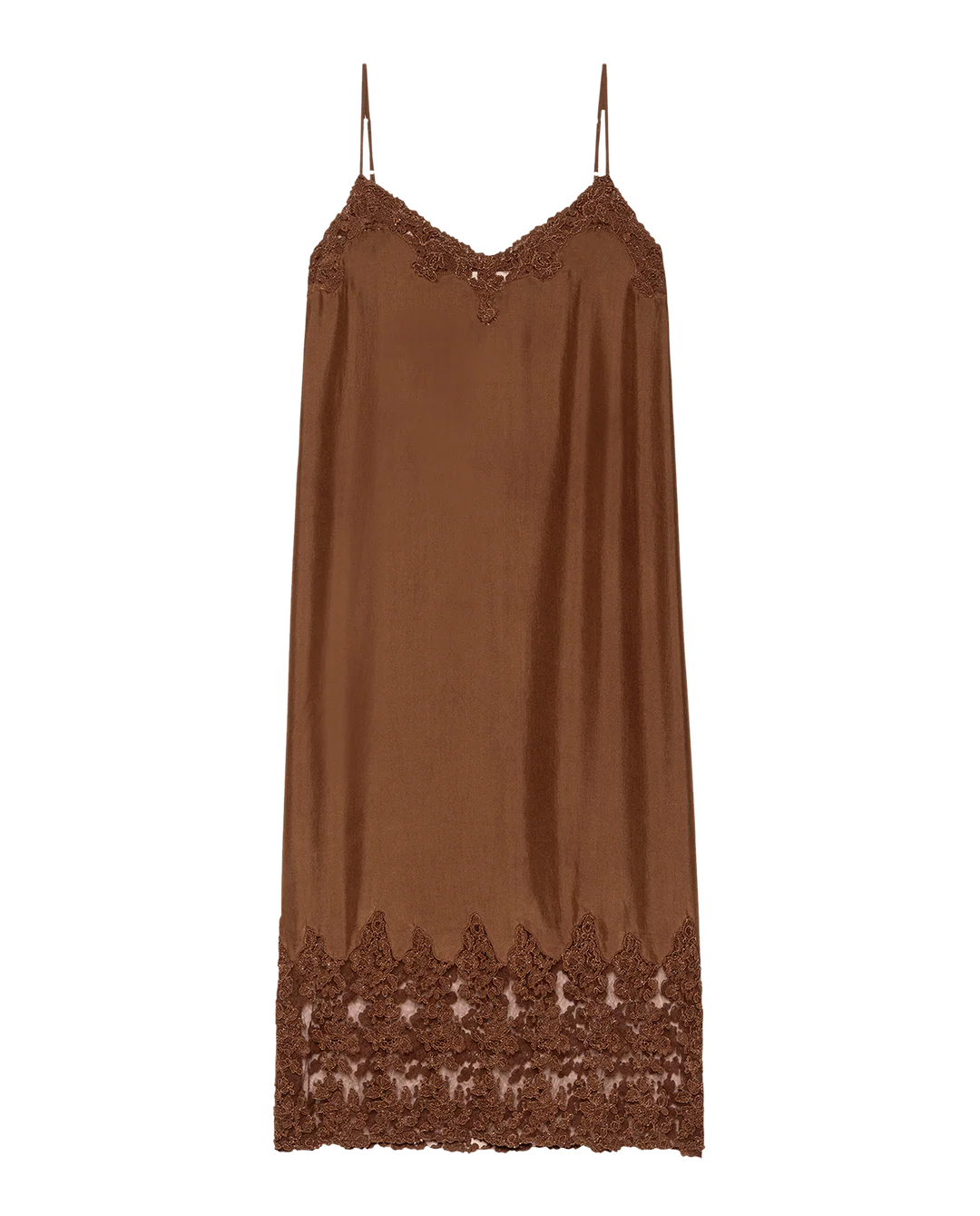 The Legacy Dress by The Great Inc. is a vintage-inspired brown satin slip dress with spaghetti straps, embroidered mesh lace trim at the neckline, and matching lace detailing at the hem.