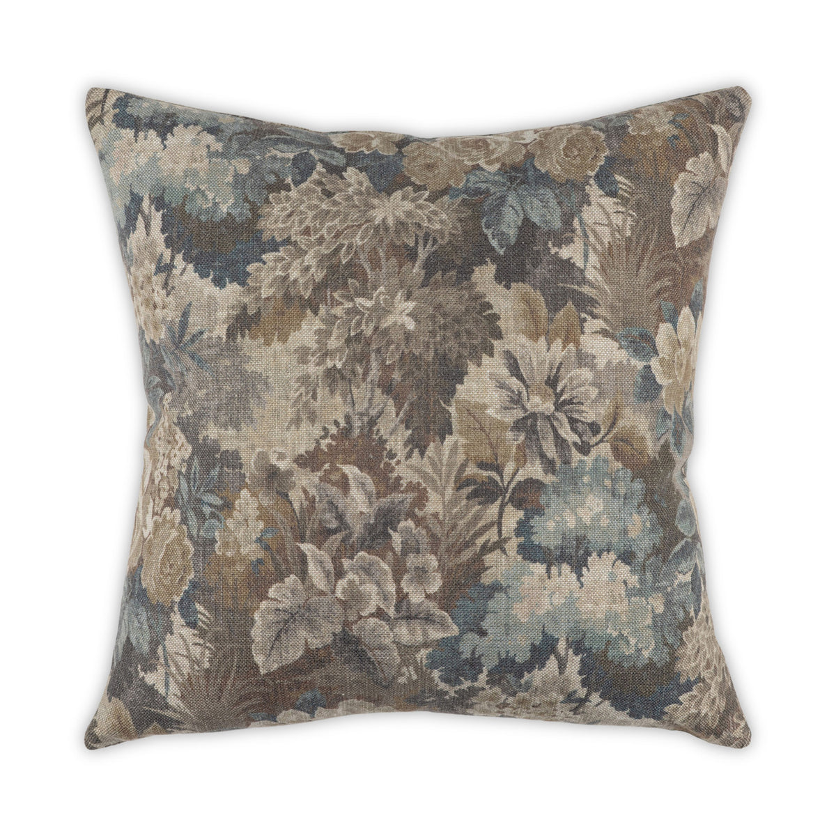 The Daphne Pillow by Moss Studio features vintage-style painterly florals in muted blue, brown, beige, and gray with assorted leaves and flowers on a textured linen-look fabric.