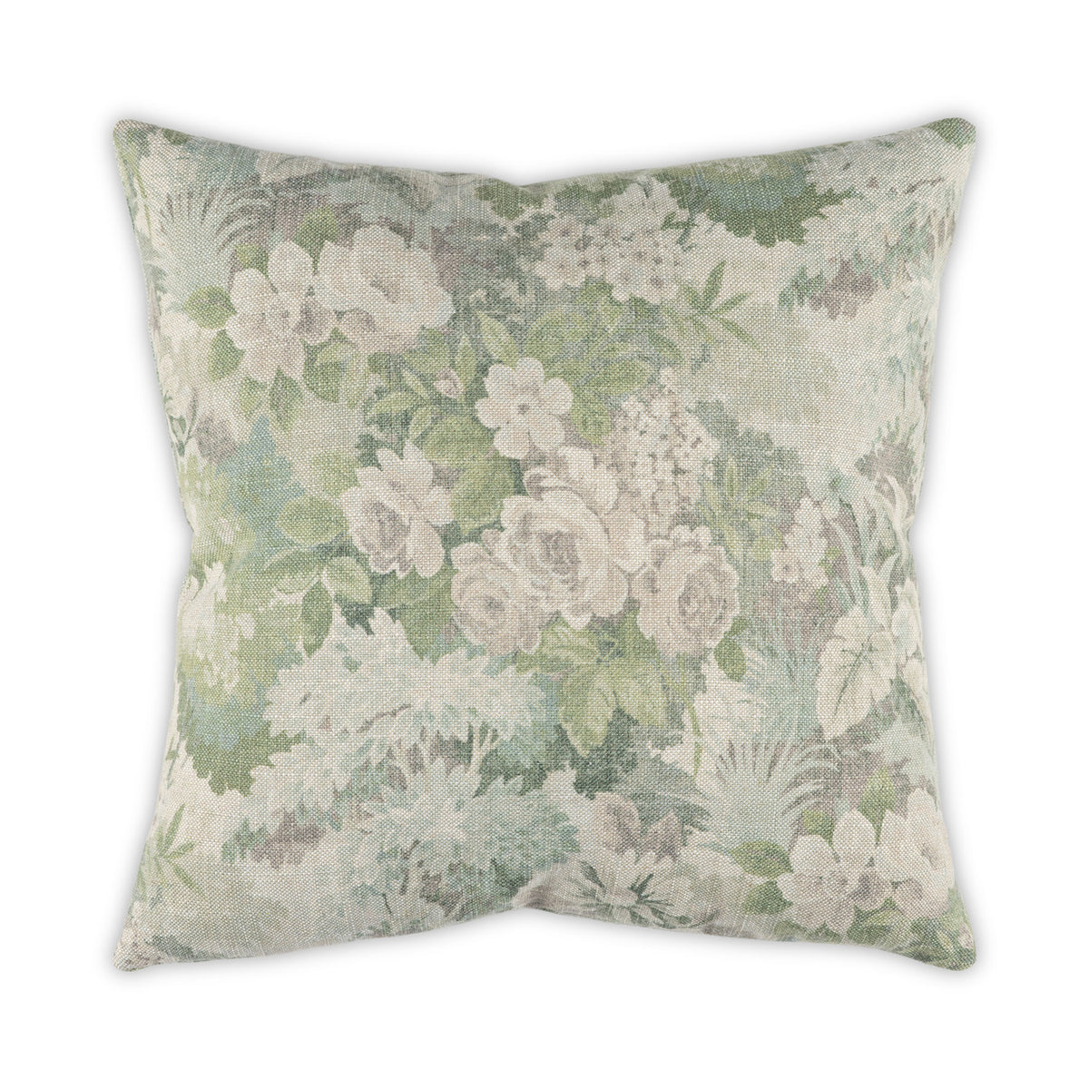 The Daphne Pillow by Moss Studio features a square shape with painterly light green, beige, and white floral designs on linen-look textured fabric, showcased against a white background.