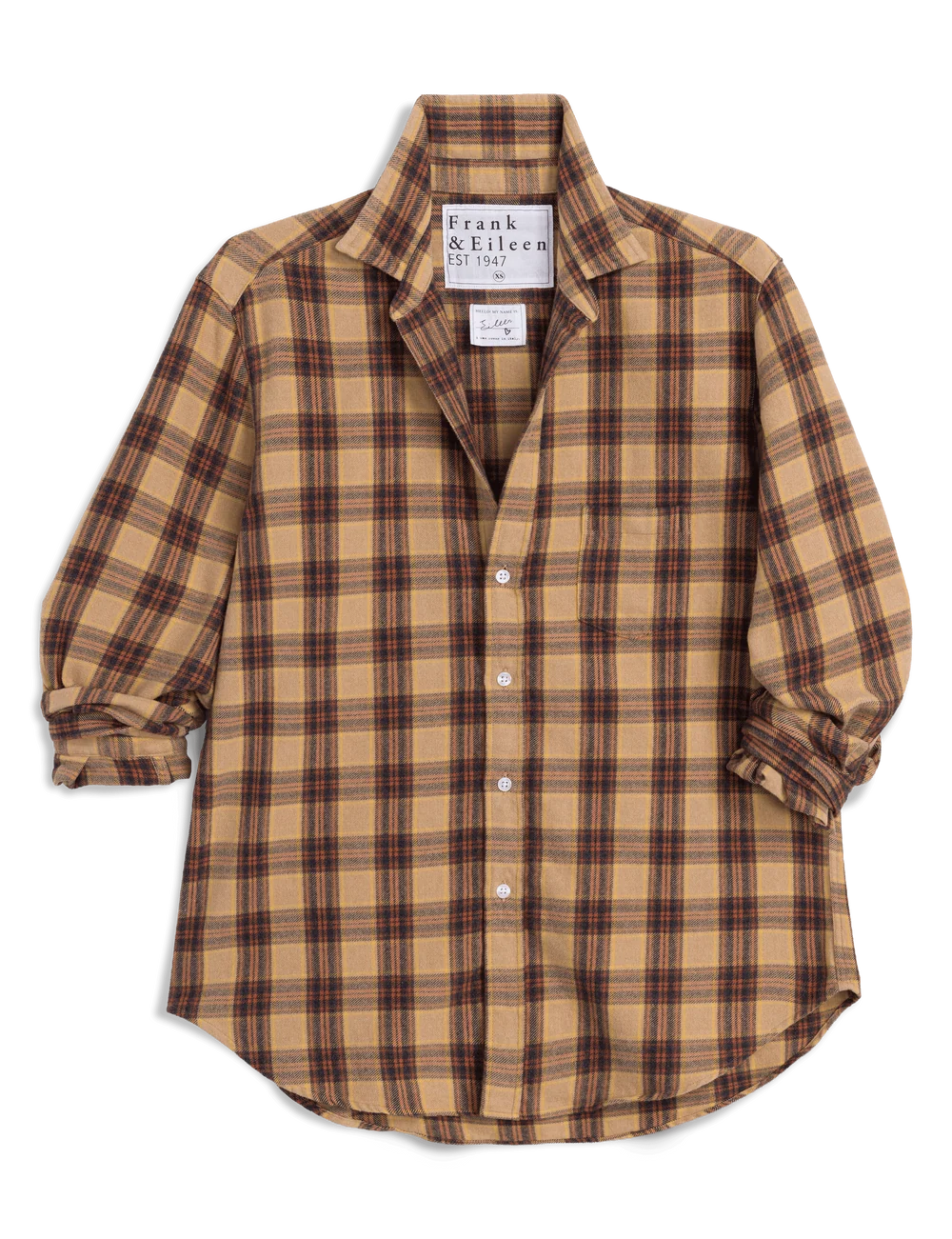 Relaxed-fit plaid shirt in gold, brown, and black by Frank & Eileen, 100 cotton with long sleeves and flattering buttons.