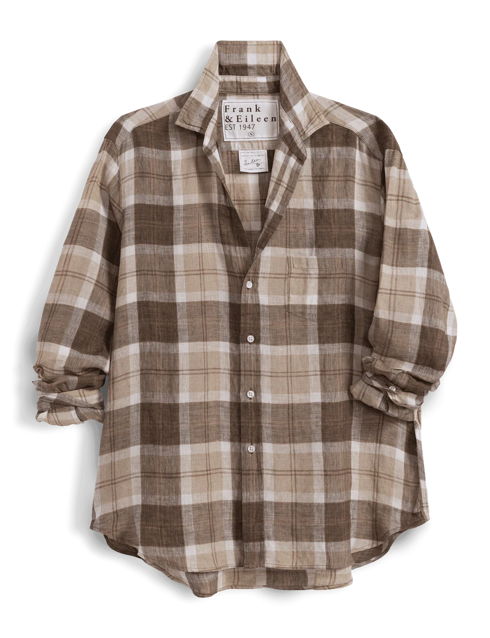 Brown plaid cotton button-up shirt with cuff sleeves and front pocket by Frank & Eileen, relaxed fit.