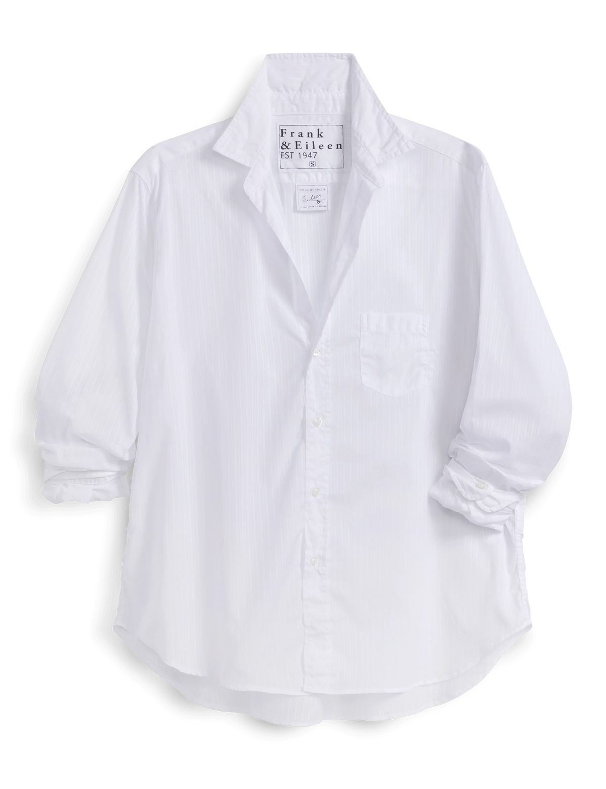 Sheer white striped relaxed shirt with bust-enhancing buttons and rolled sleeves, Frank &amp; Eileen, 100 cotton.