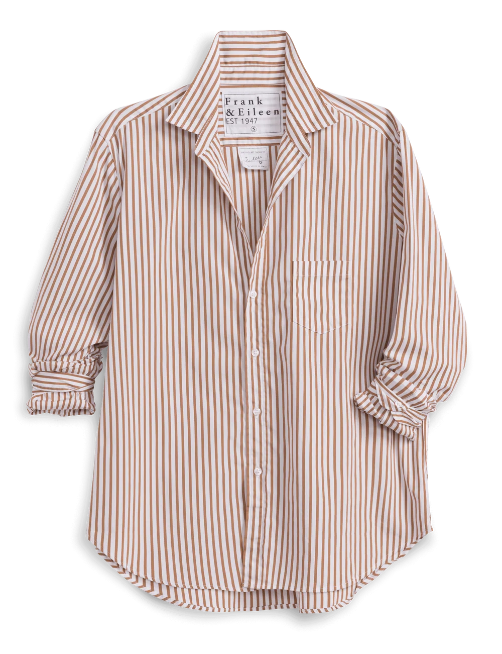 Tan striped cotton button-up shirt with chest pocket and rolled sleeves by Frank & Eileen, classic casual style.