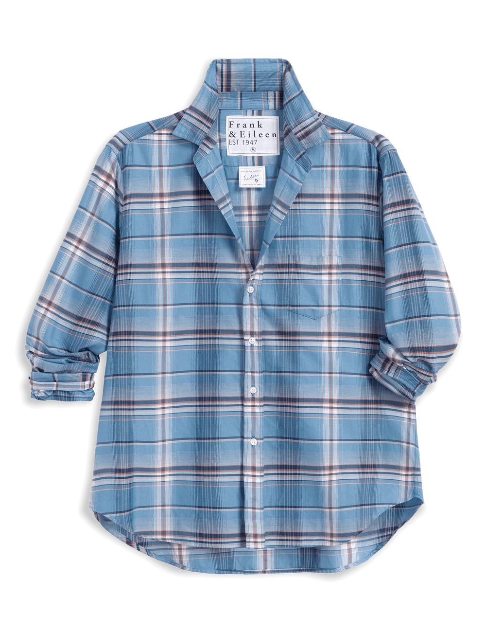 Vintage blue plaid flannel shirt with rolled sleeves and collar, Frank & Eileen Eileen 26, casual style.