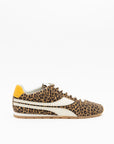The ONCEPT Essex Sneaker features Italian calf suede with a leopard print, cream laces and side stripe, tan sole, and yellow heel detail, shown in a side profile against a plain white background.