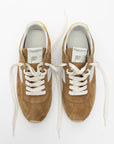 A pair of ONCEPT Essex brown ultra-lightweight sneakers in premium Italian calf suede, with white laces and soles, shown from above on a white background. The insoles feature the ONCEPT brand name in black lettering.