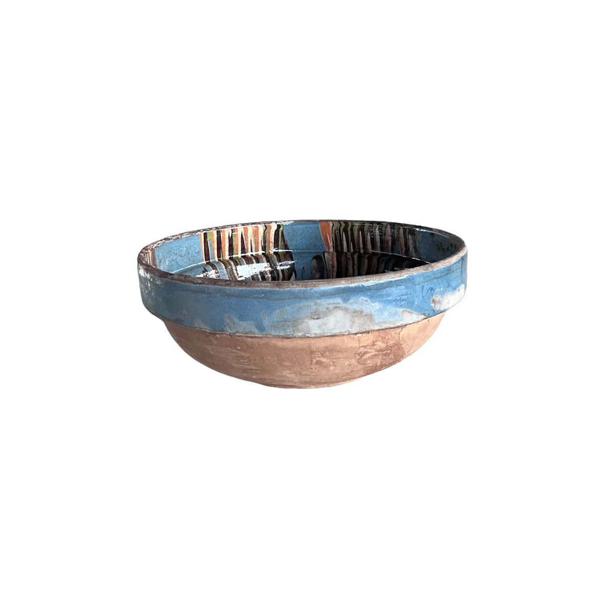 The Cottage Crafted Bowl by Blue Ocean Traders features a matte brown base, blue glazed rim, and colorful abstract patterns inside—ideal as a decorative display against a plain white background.