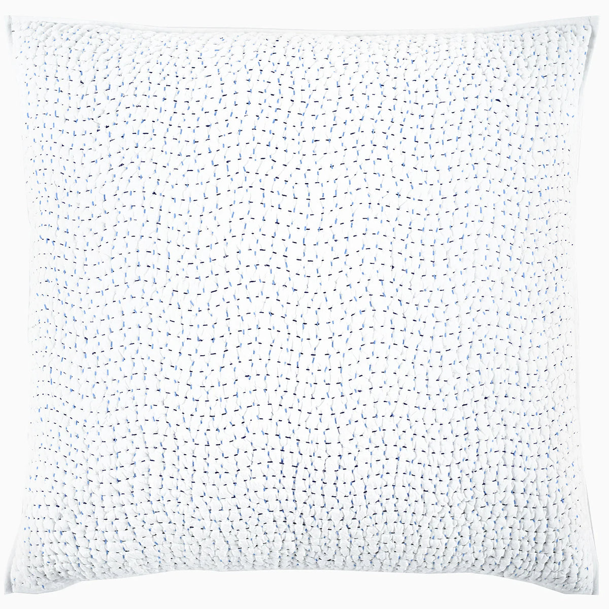 The John Robshaw Euro Sham is a square white throw pillow crafted from organic cotton voile, featuring a modern textured look with small, uneven blue stitched lines scattered across the surface.