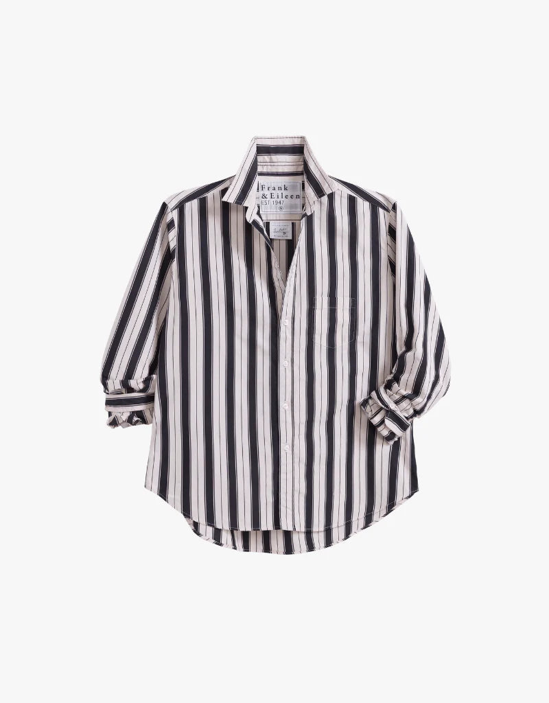 Black and white striped relaxed button-up by Frank & Eileen, tailored fit with front pocket and rolled sleeves.