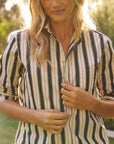 WAVERLY Relaxed Button-Up Shirt in black with tan stripe by Frank & Eileen, shown outdoors in sunlight.