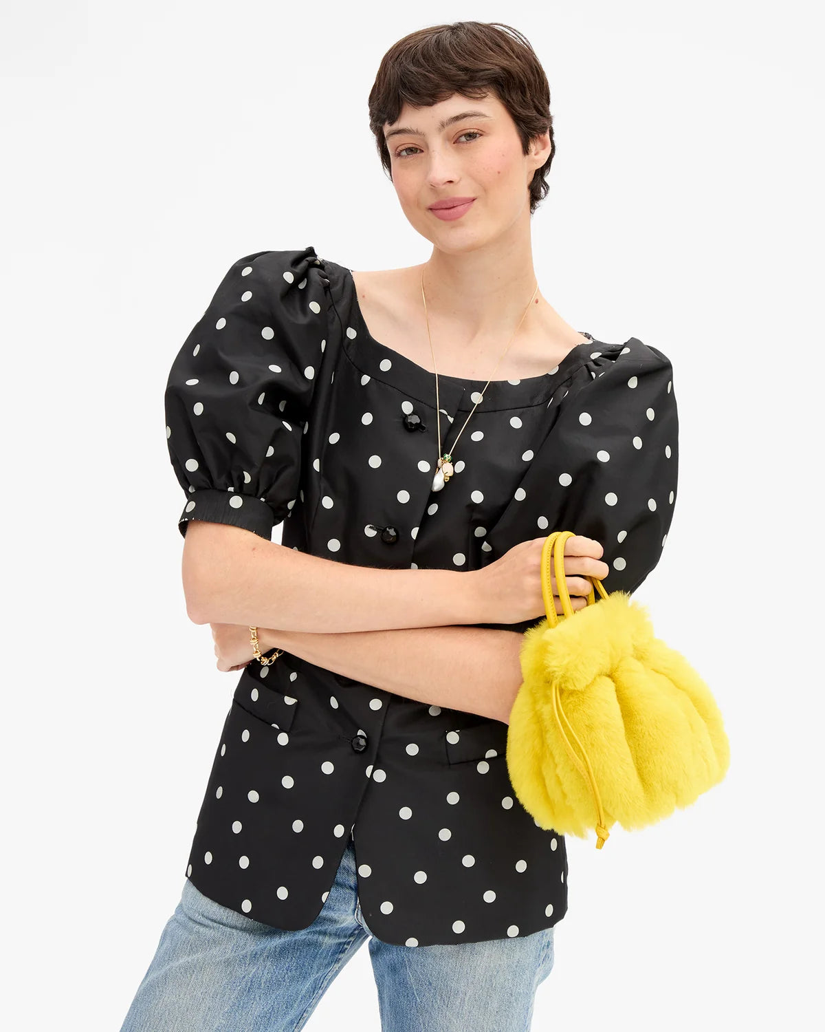 Bright yellow fuzzy shearling Emma drawstring handbag with double top handles by Bungalow Furniture &amp; Accessories.