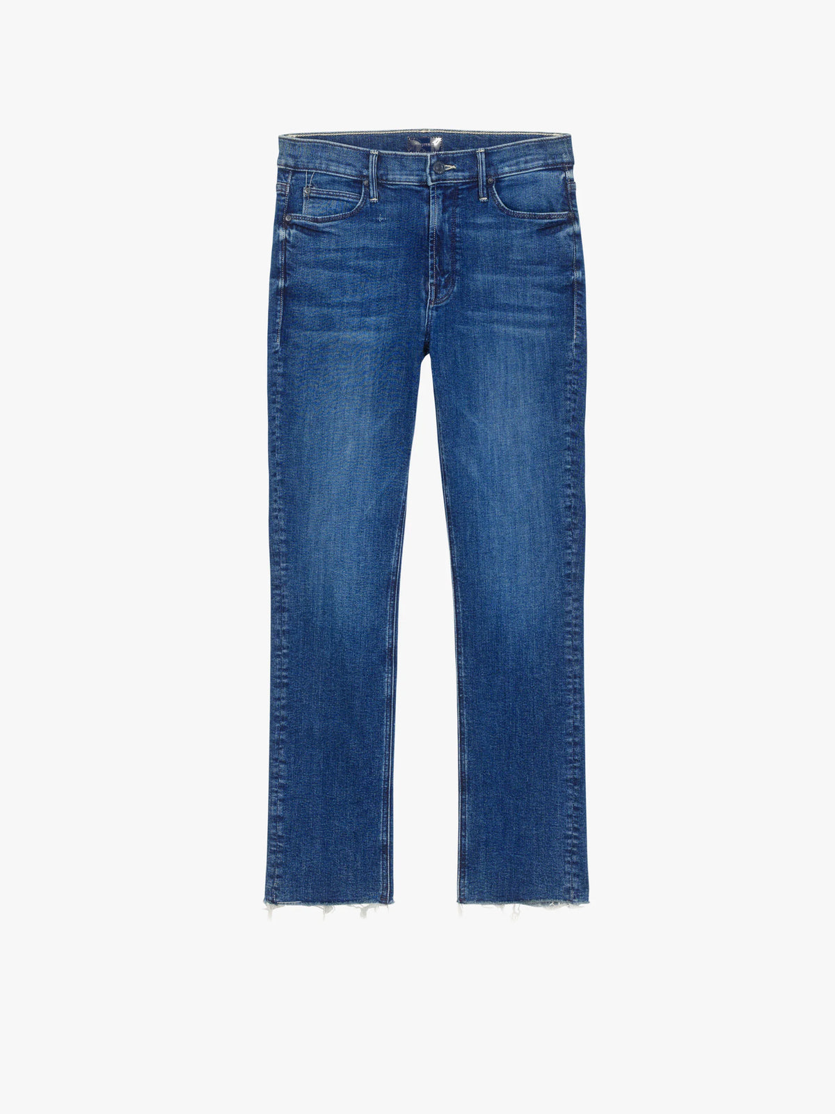 The Mother Mid Rise Dazzler Ankle Fray jeans feature blue stretch denim, a straight-leg fit, five pockets, button and zip closure, and raw hems. Shown laid flat on a white background.