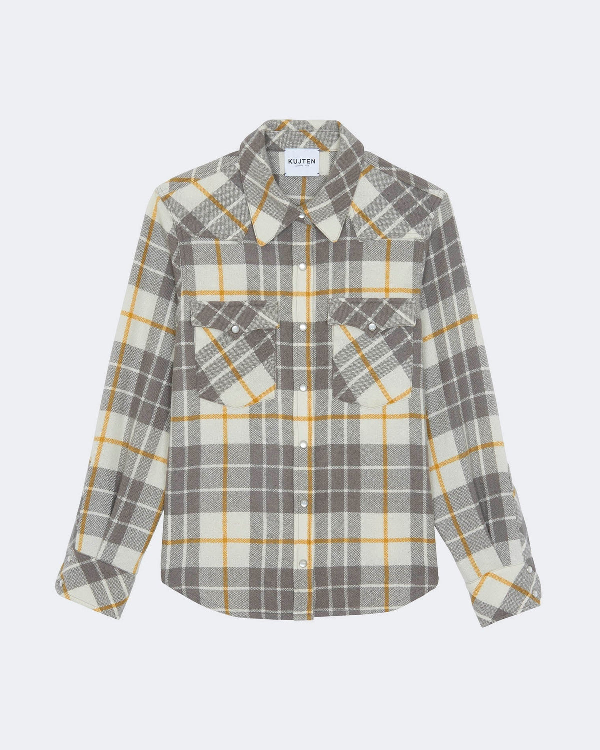 Safran plaid KUJTEN Lumber long sleeve shirt with two front pockets, shown flat against a white background.