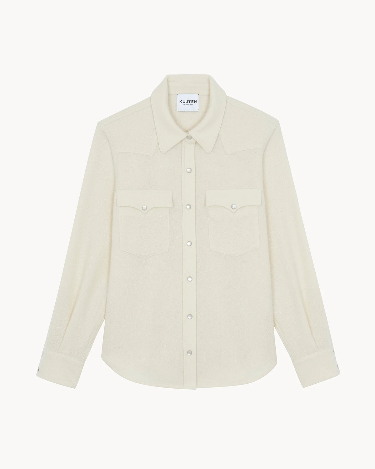 White cashmere long-sleeve button-up shirt with chest pockets by KUJTEN, true to size.