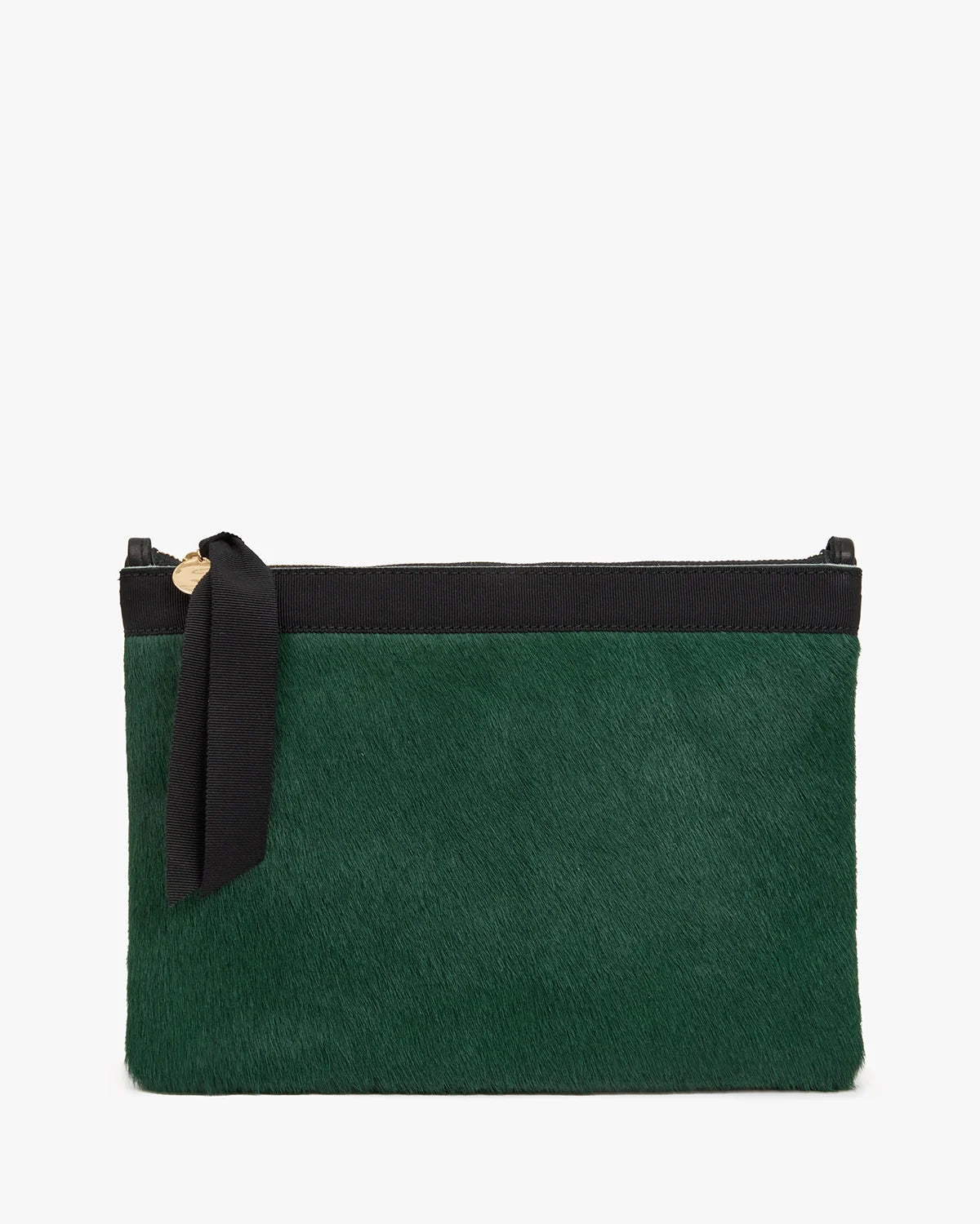 Bottle green handwoven leather clutch with black trim, zipper, and ribbon pull by Clare Vivier at Bungalow Furniture.